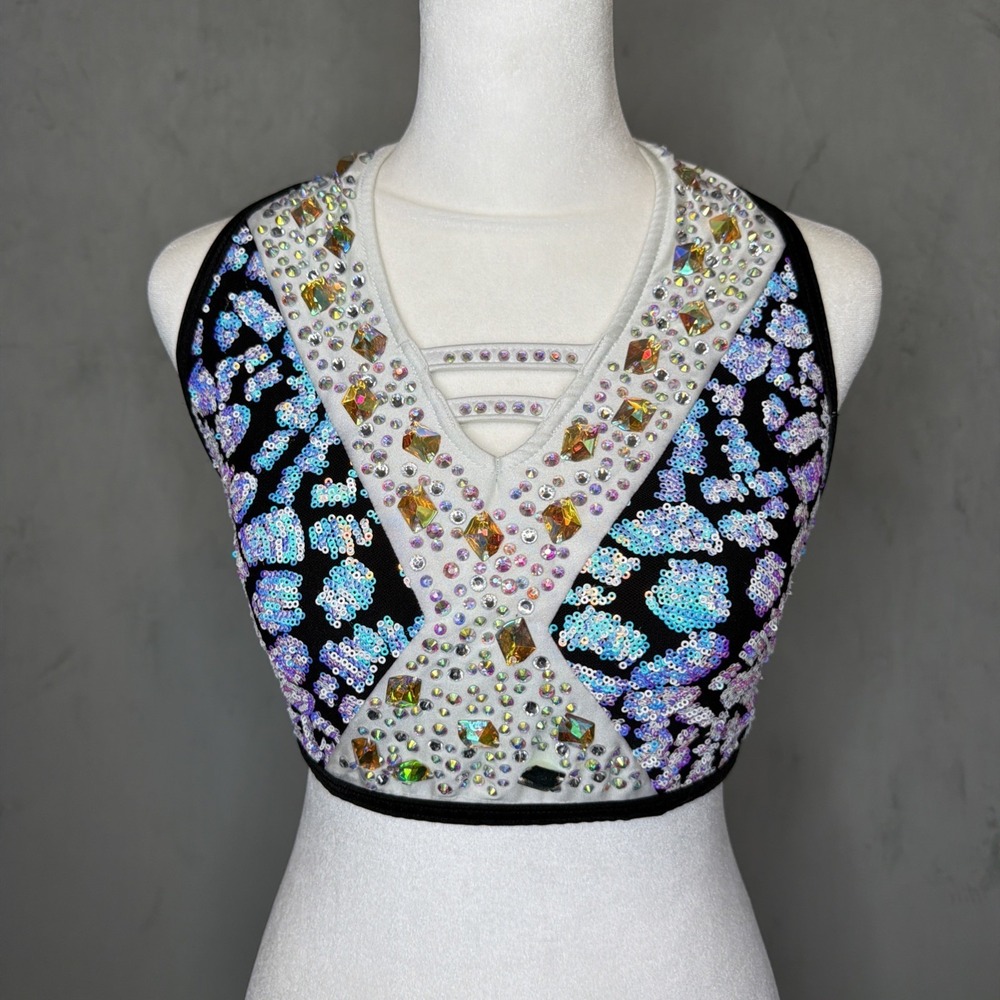 Glamour Costumes Dance Cheer Crop Top Sequin Rhinestone Leopard Print